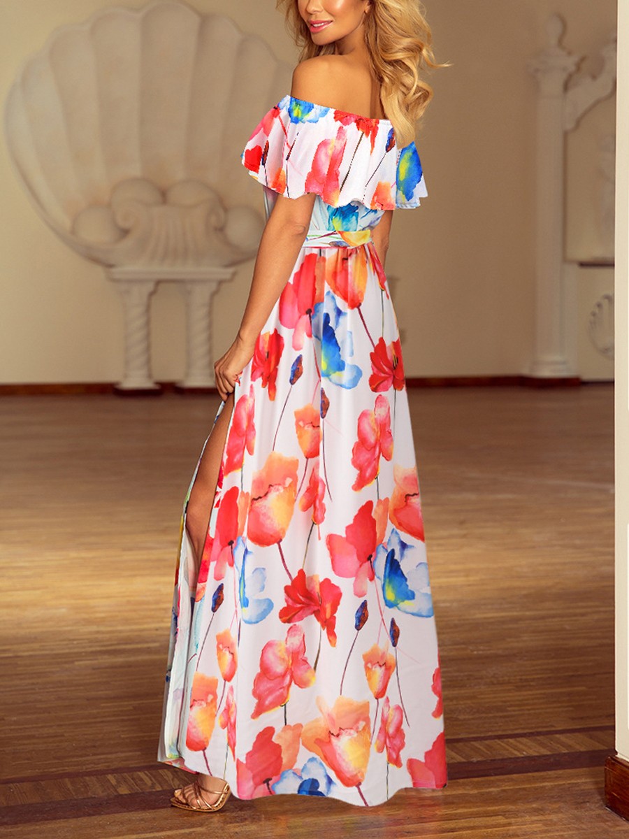Eye-Appealing White Off Shoulder Maxi Dress Floral Print