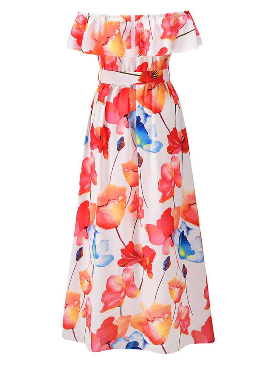Eye-Appealing White Off Shoulder Maxi Dress Floral Print