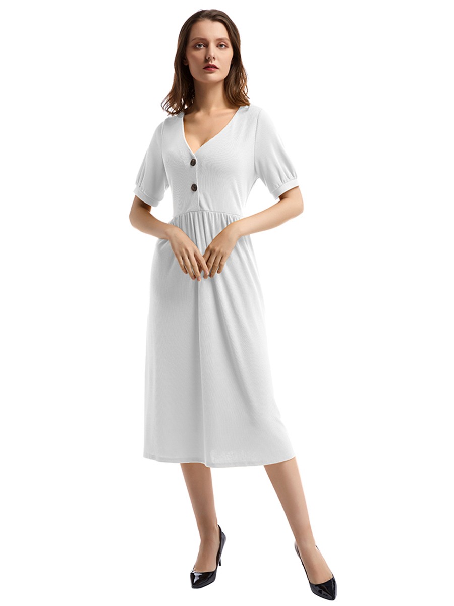 Casual White Short-Sleeve Pleated Waist Midi Dress Online Sale