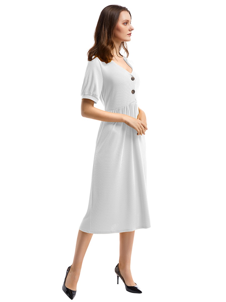 Casual White Short-Sleeve Pleated Waist Midi Dress Online Sale