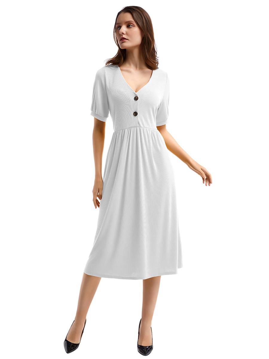 Casual White Short-Sleeve Pleated Waist Midi Dress Online Sale