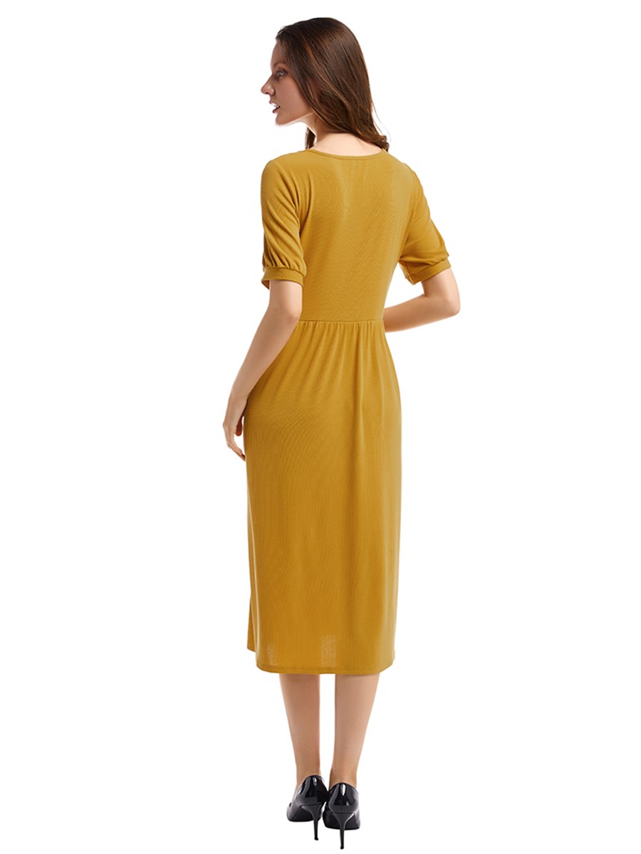 Formal Yellow Button Front Midi Dress Ruched Waist Unique Fashion