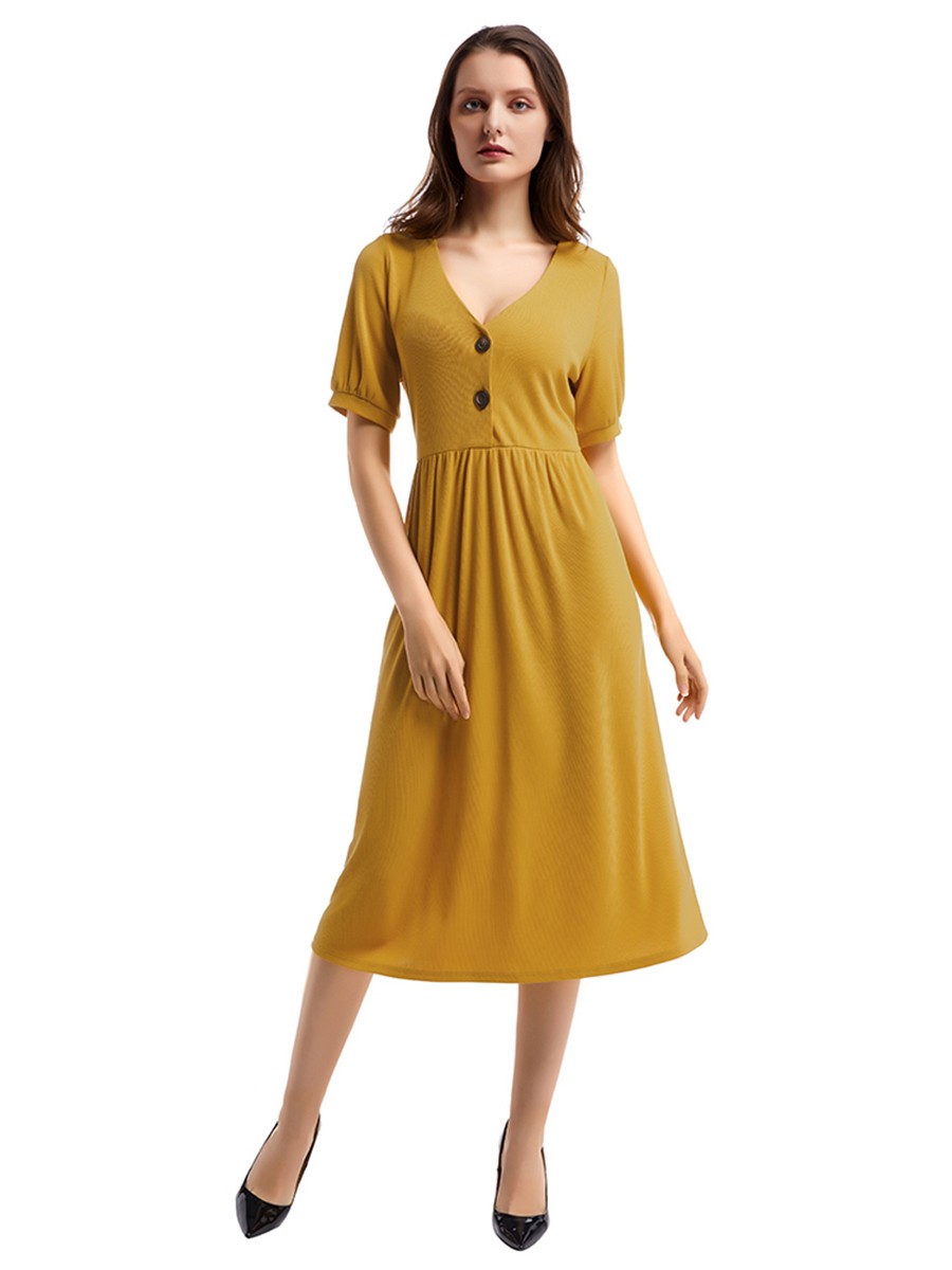 Formal Yellow Button Front Midi Dress Ruched Waist Unique Fashion