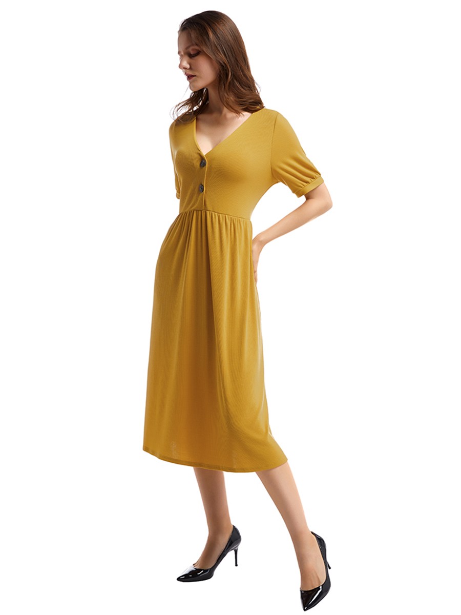 Formal Yellow Button Front Midi Dress Ruched Waist Unique Fashion