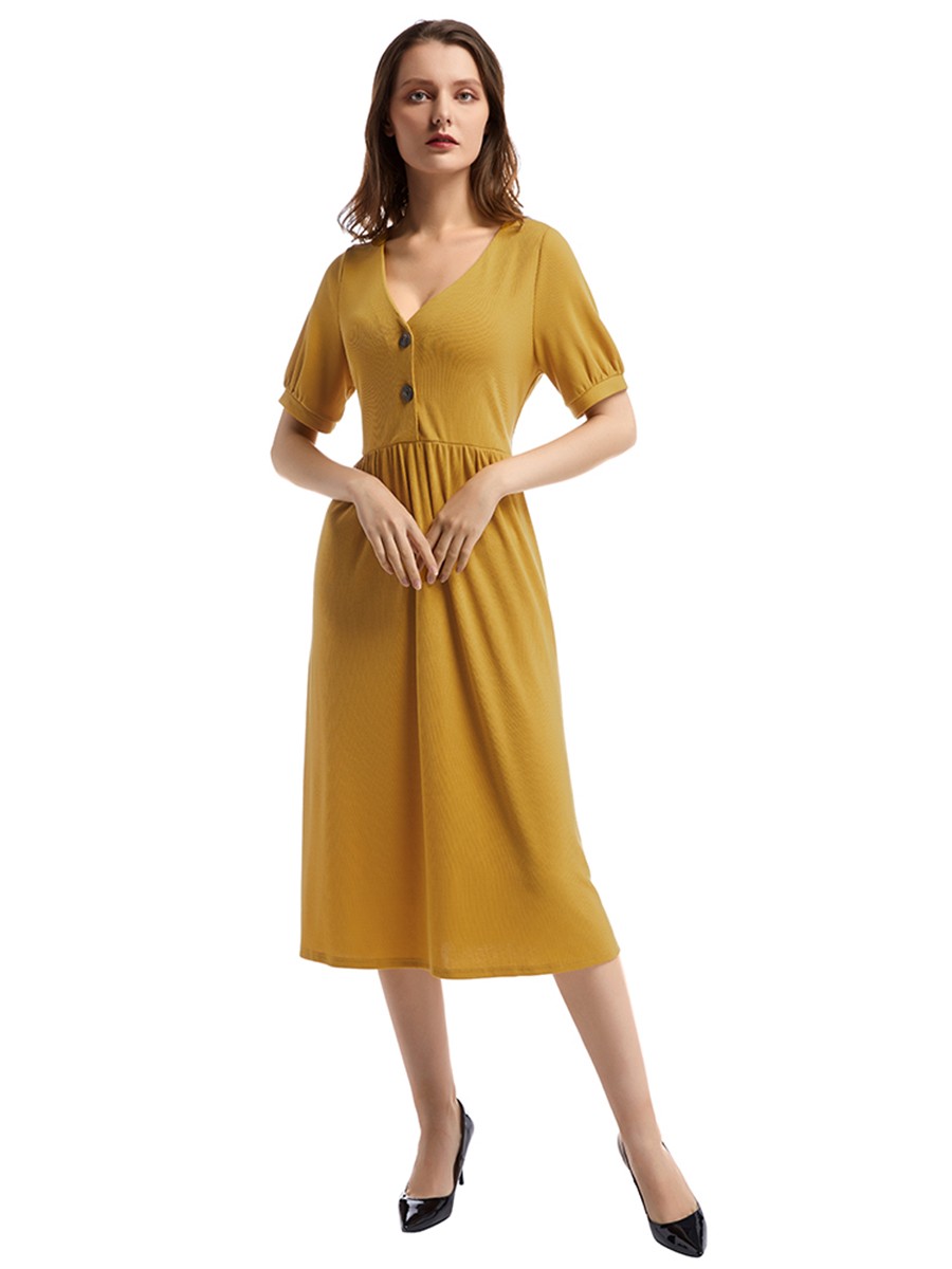 Formal Yellow Button Front Midi Dress Ruched Waist Unique Fashion