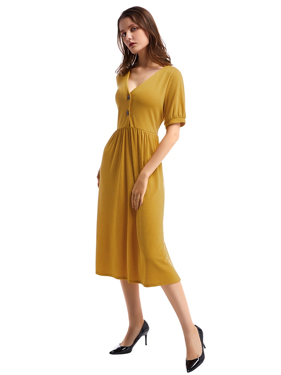 Formal Yellow Button Front Midi Dress Ruched Waist Unique Fashion