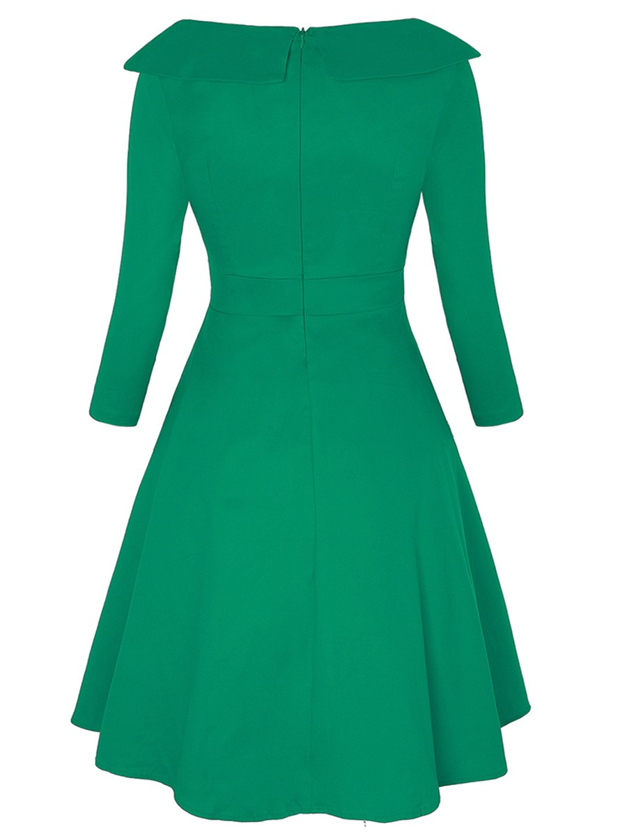 Slender Green Patchwork Skater Dress Big Size Zipper Leisure Fashion