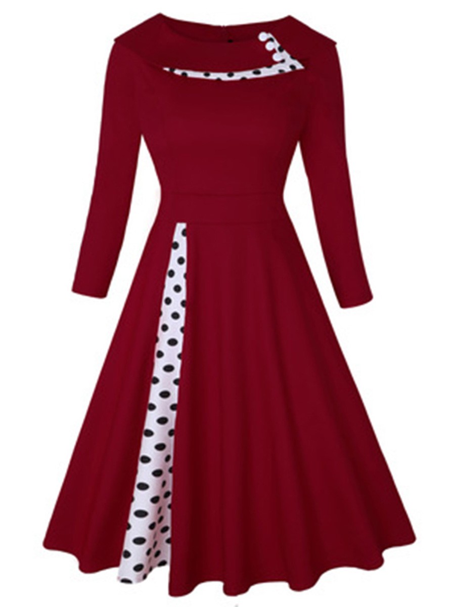 Suave Wine Red Large Size Turndown Collar Skater Dress For Beauty