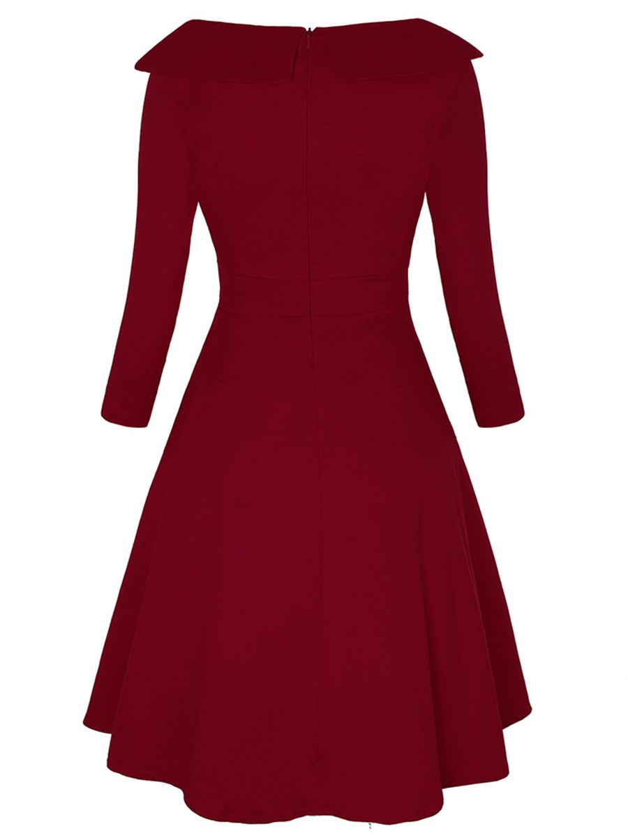 Suave Wine Red Large Size Turndown Collar Skater Dress For Beauty