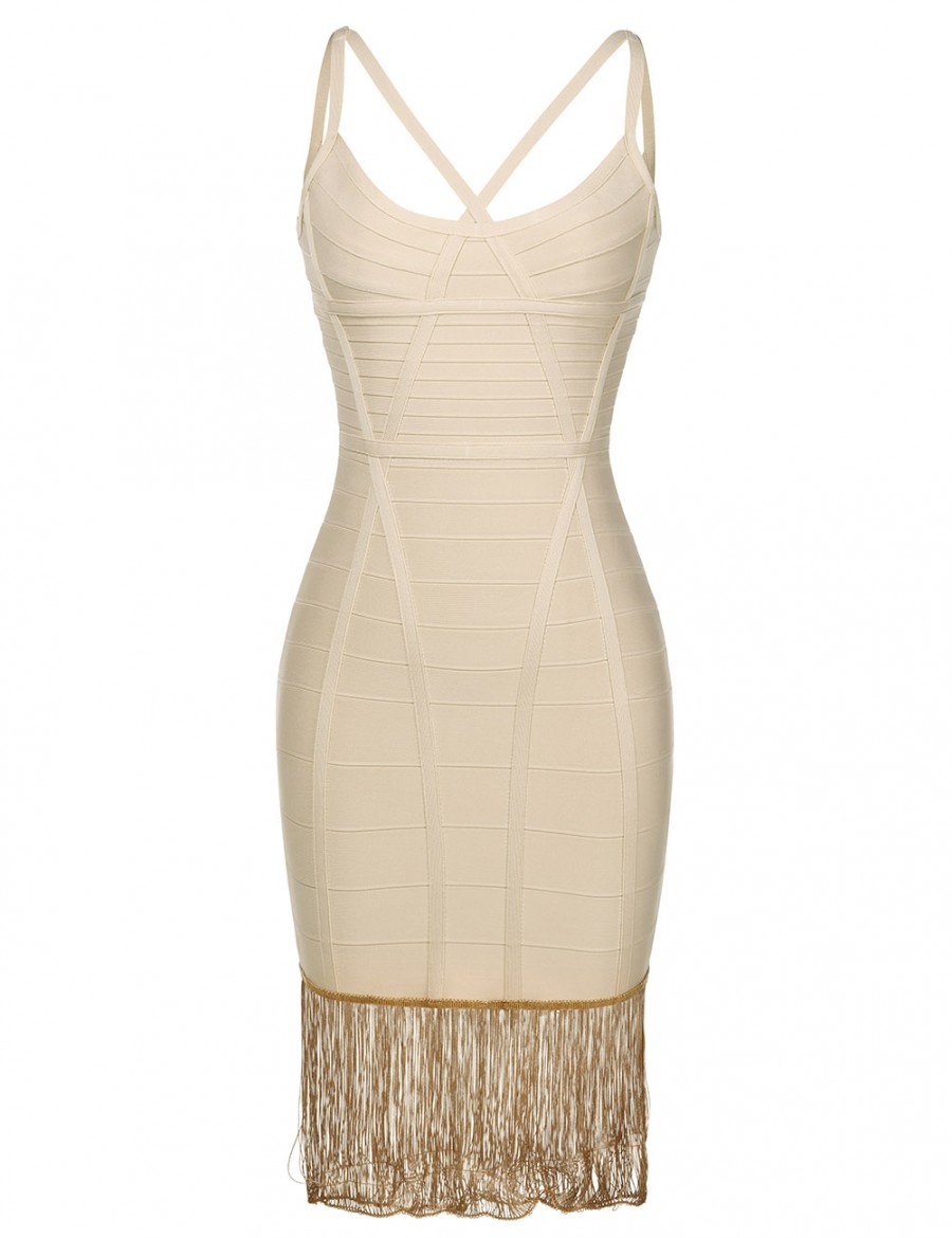 Smooth Beige Cross Neck Tassel Hem Bandage Dress For Sauntering