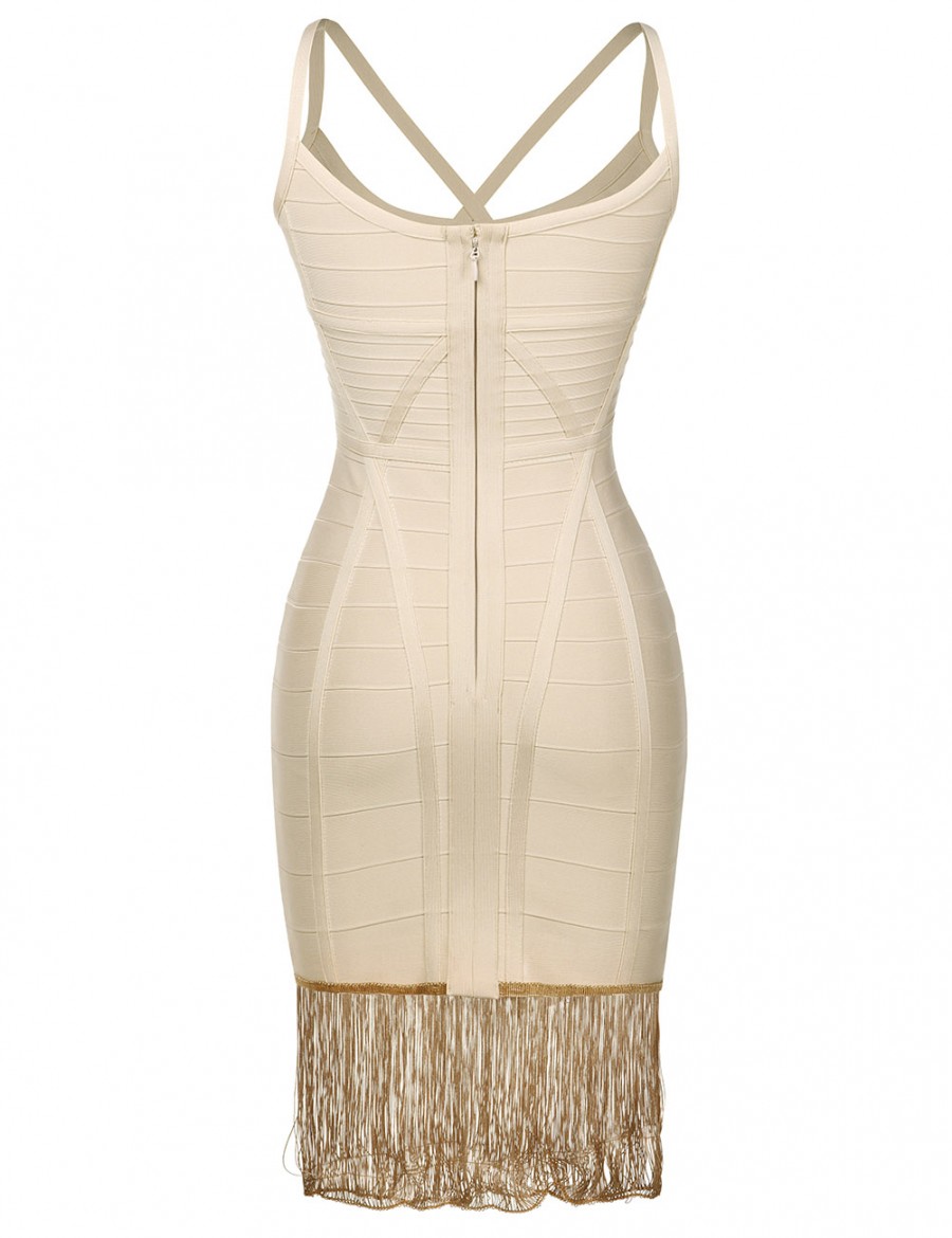 Smooth Beige Cross Neck Tassel Hem Bandage Dress For Sauntering