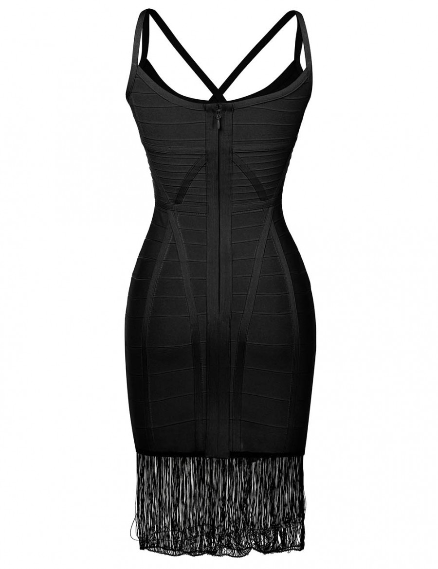 Laid-Back Black Tight Bandage Dress Sling Tassel Hem Casual Wear