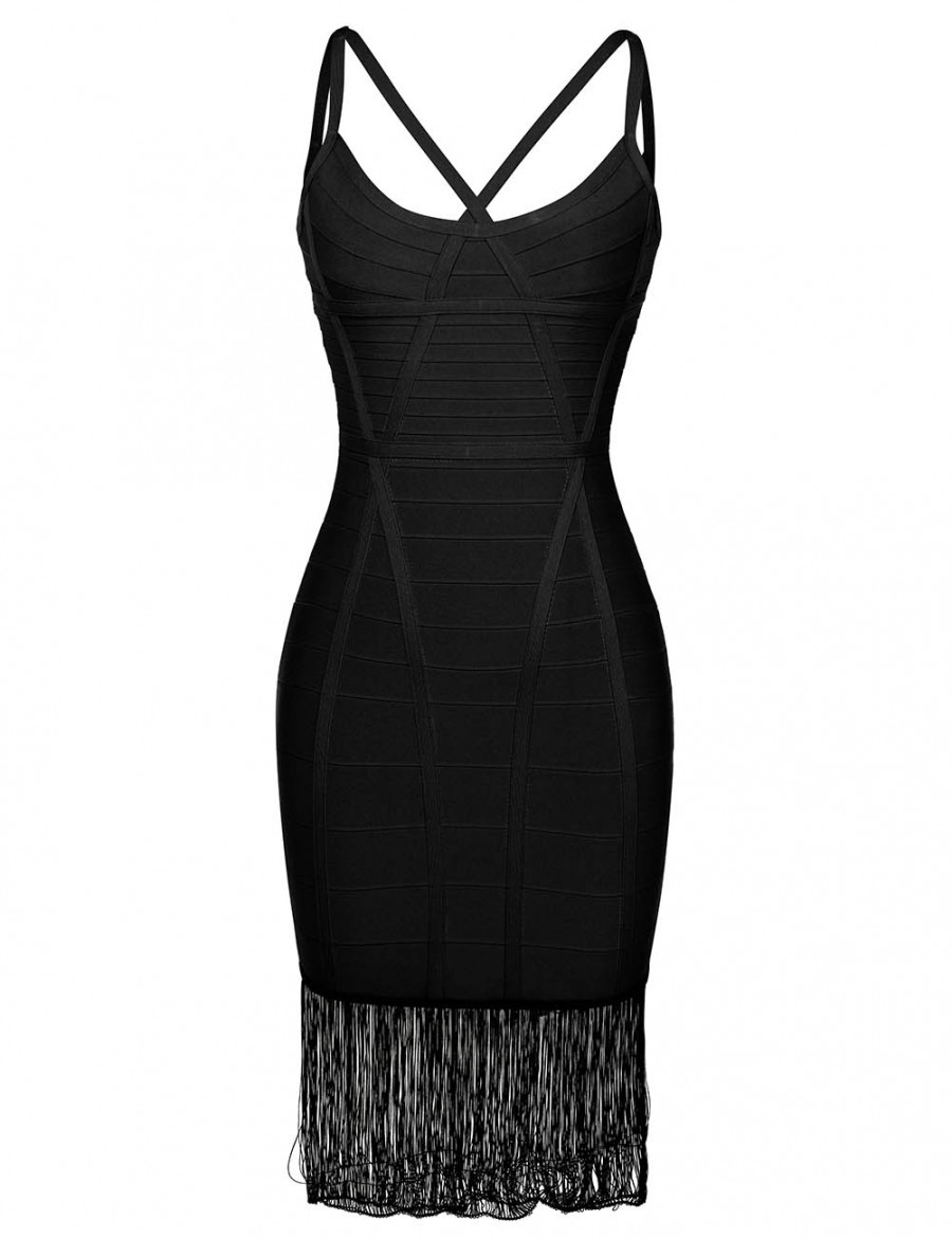 Laid-Back Black Tight Bandage Dress Sling Tassel Hem Casual Wear