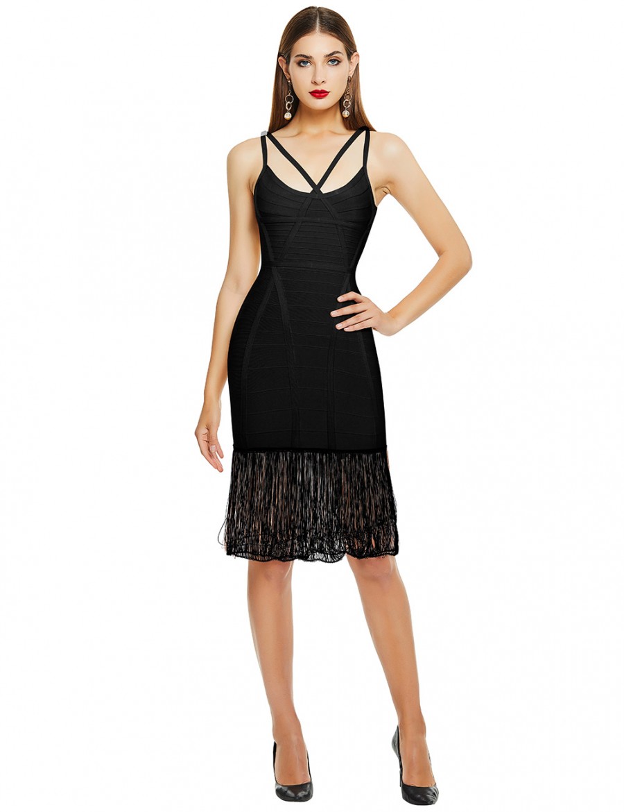 Laid-Back Black Tight Bandage Dress Sling Tassel Hem Casual Wear