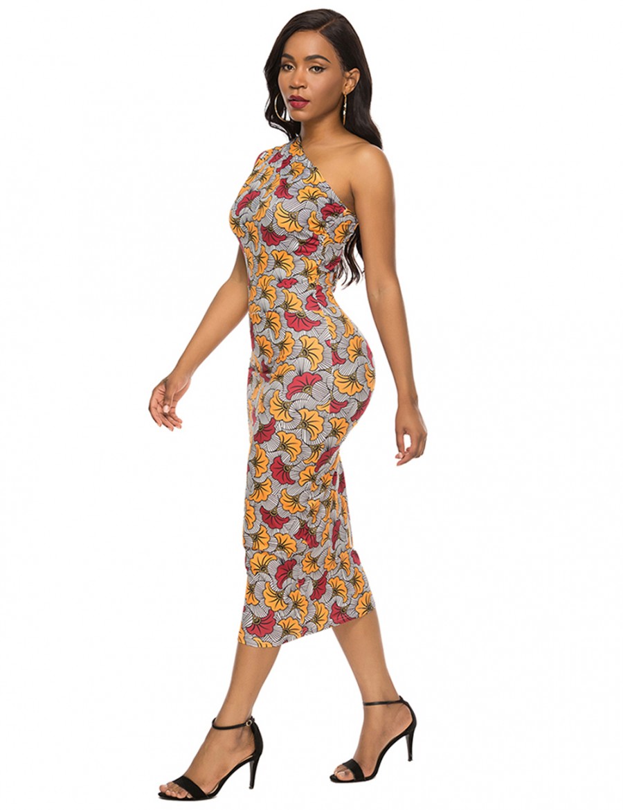 Eye Catcher Brushed Sloping Shoulder Bodycon Dress Print On-Trend