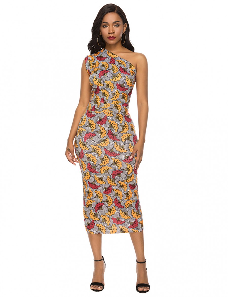 Eye Catcher Brushed Sloping Shoulder Bodycon Dress Print On-Trend