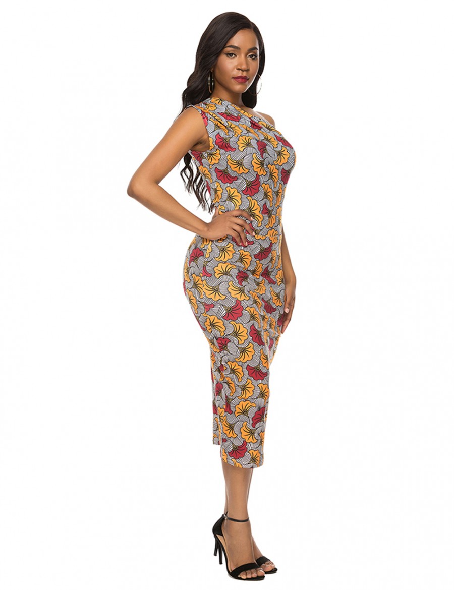 Eye Catcher Brushed Sloping Shoulder Bodycon Dress Print On-Trend