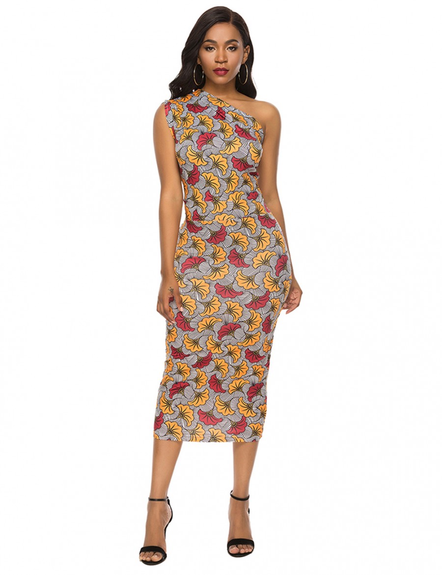 Eye Catcher Brushed Sloping Shoulder Bodycon Dress Print On-Trend