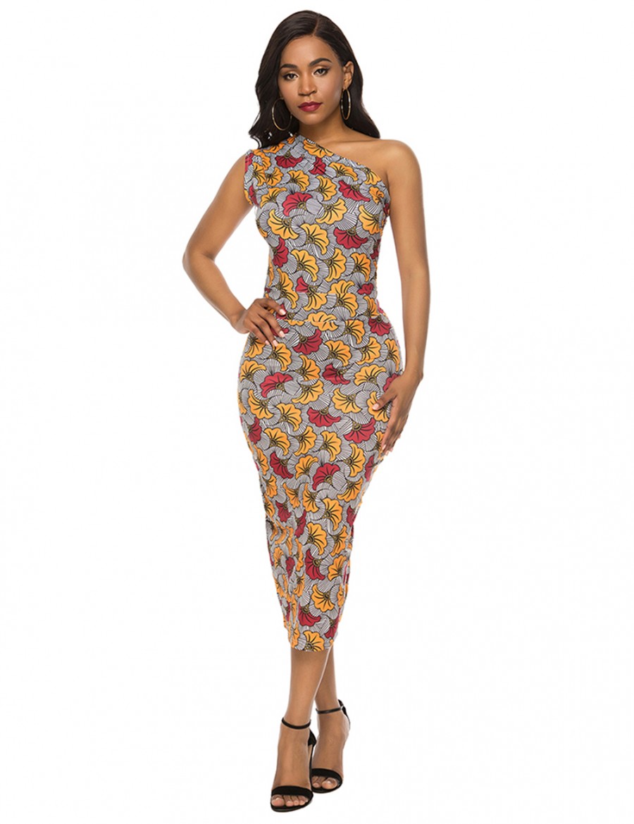 Eye Catcher Brushed Sloping Shoulder Bodycon Dress Print On-Trend