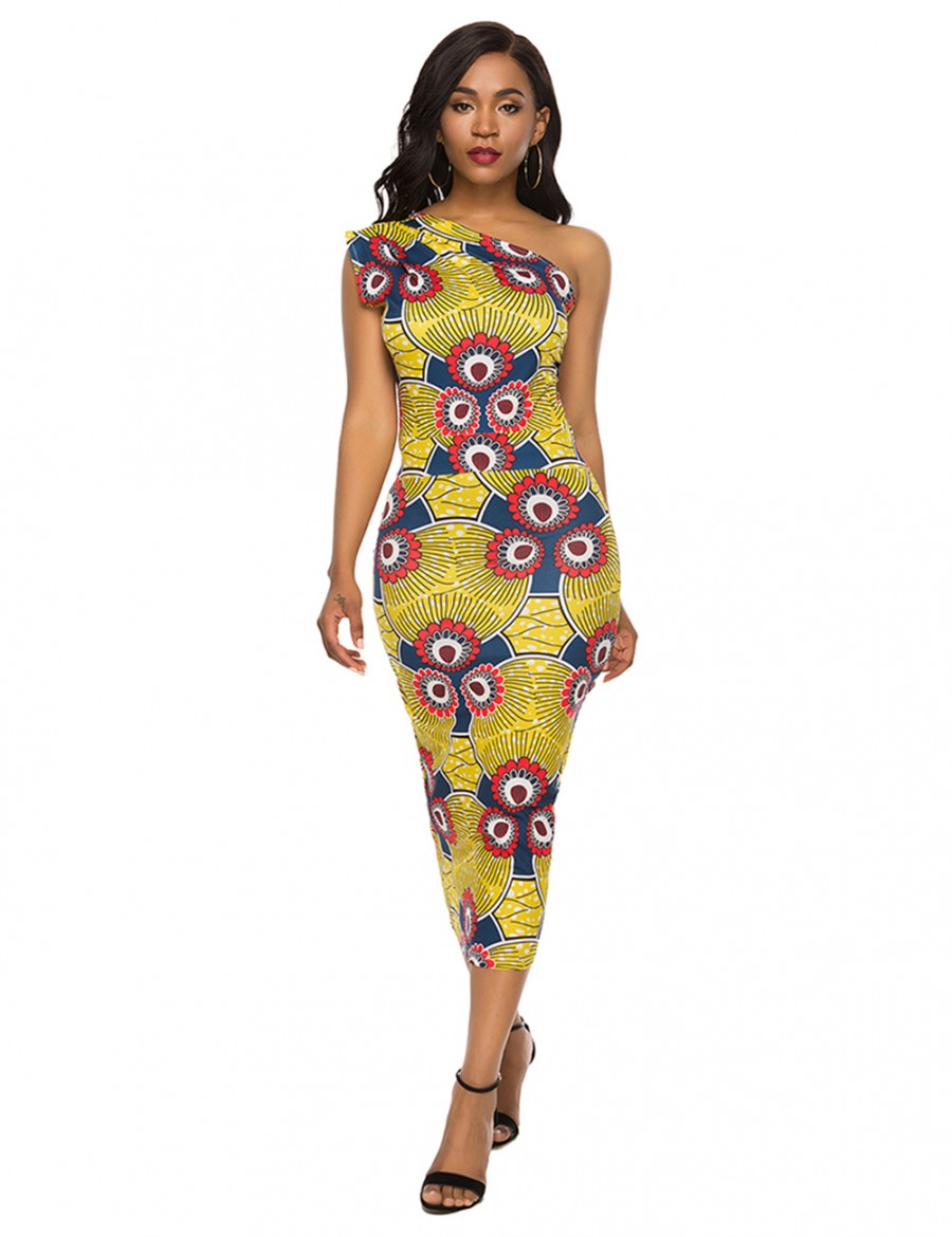 Fitted Print Oblique Shoulder Brushed Bodycon Dress Fashion Design