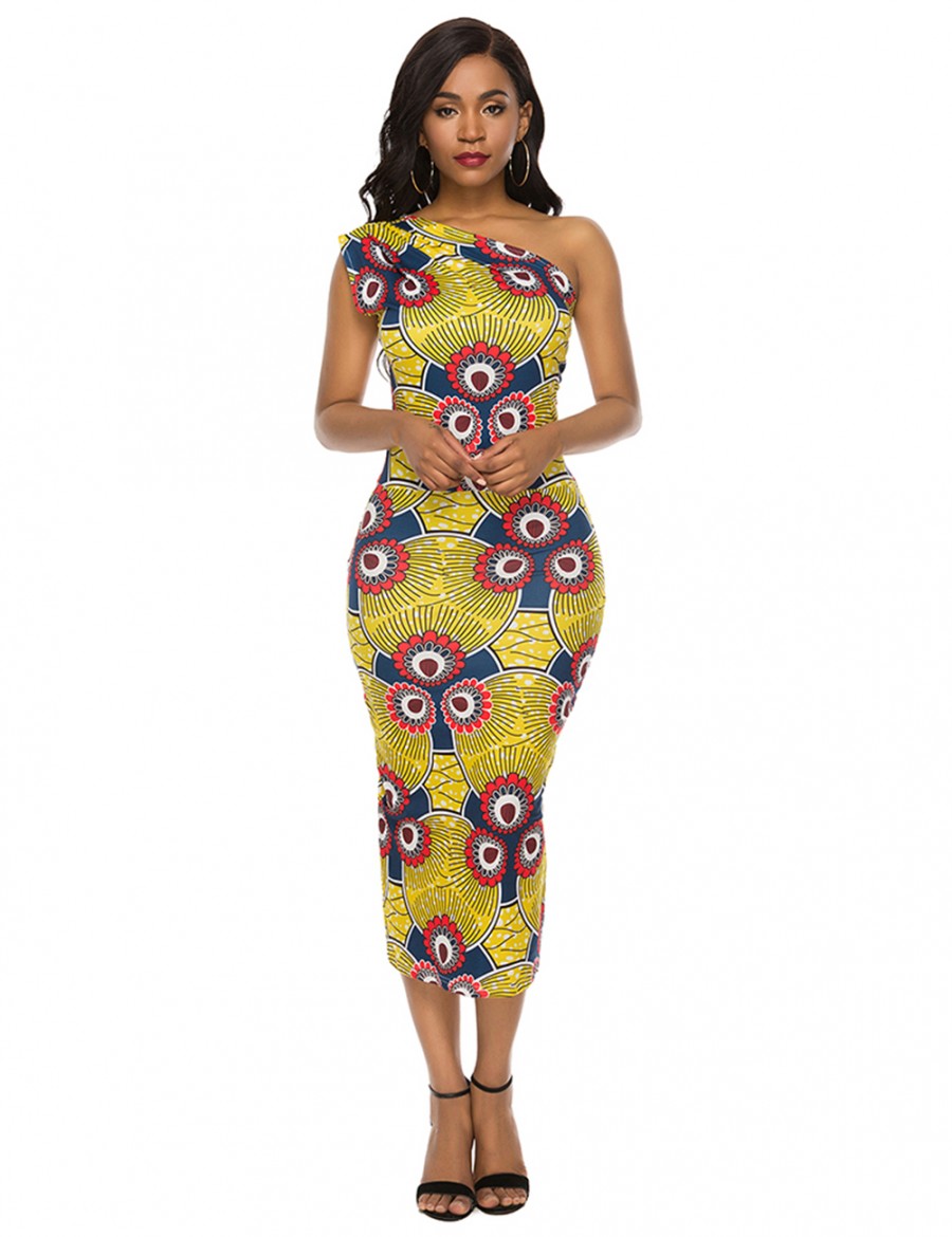 Fitted Print Oblique Shoulder Brushed Bodycon Dress Fashion Design