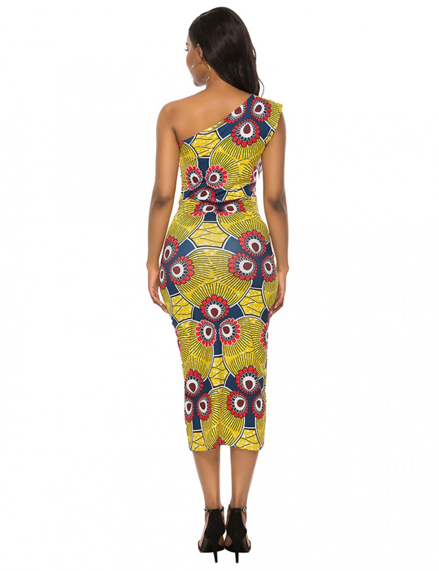 Fitted Print Oblique Shoulder Brushed Bodycon Dress Fashion Design