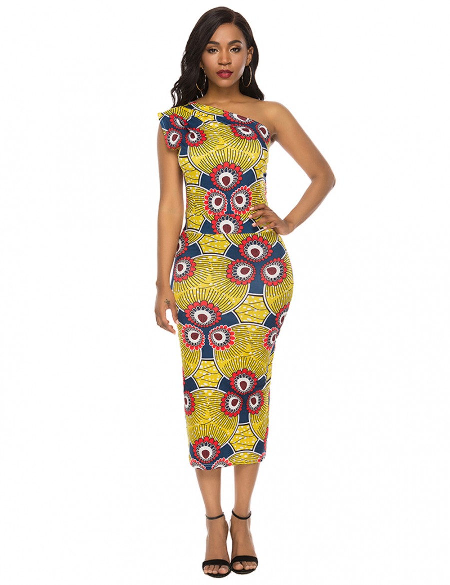 Fitted Print Oblique Shoulder Brushed Bodycon Dress Fashion Design