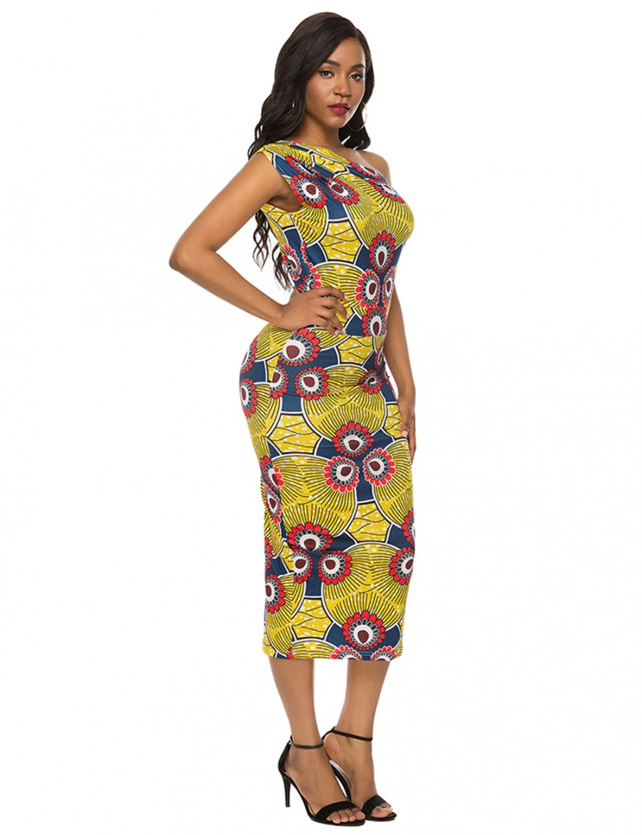 Fitted Print Oblique Shoulder Brushed Bodycon Dress Fashion Design