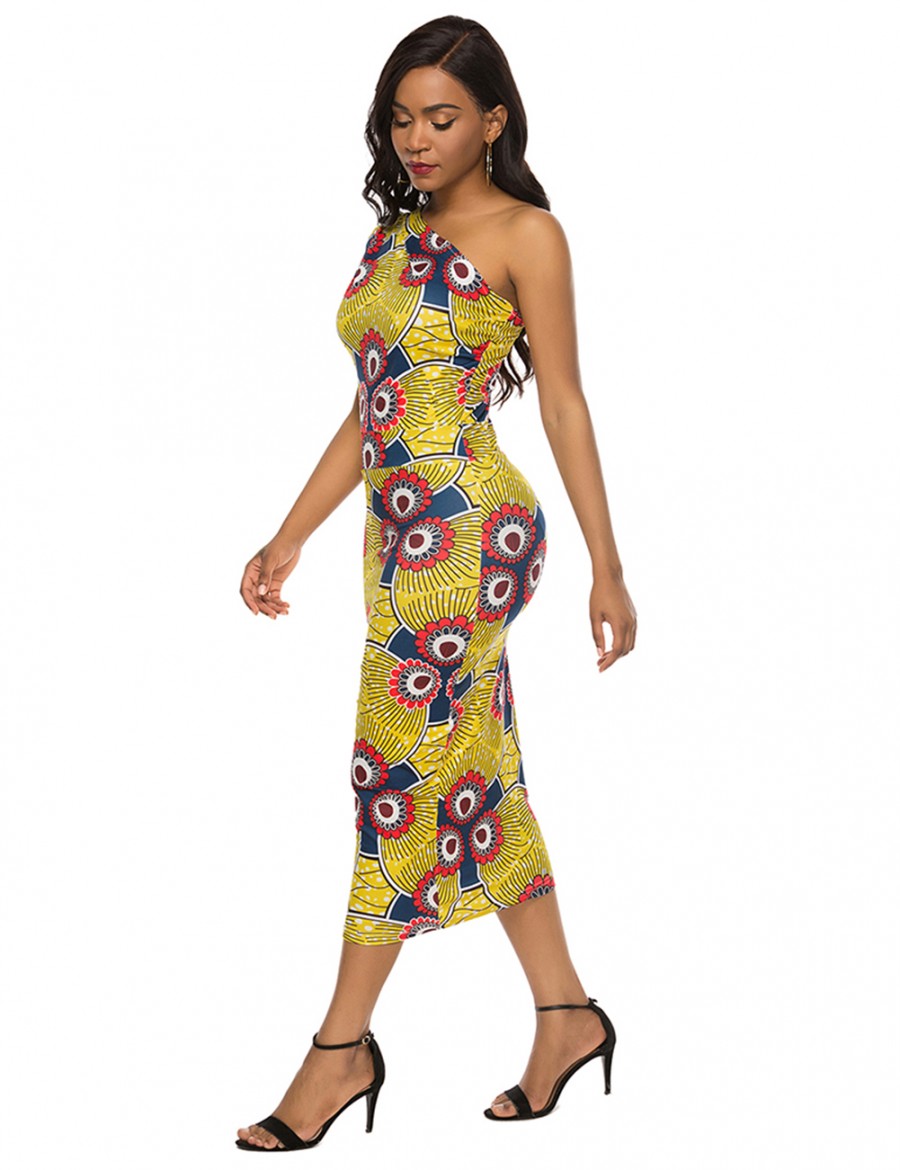 Fitted Print Oblique Shoulder Brushed Bodycon Dress Fashion Design