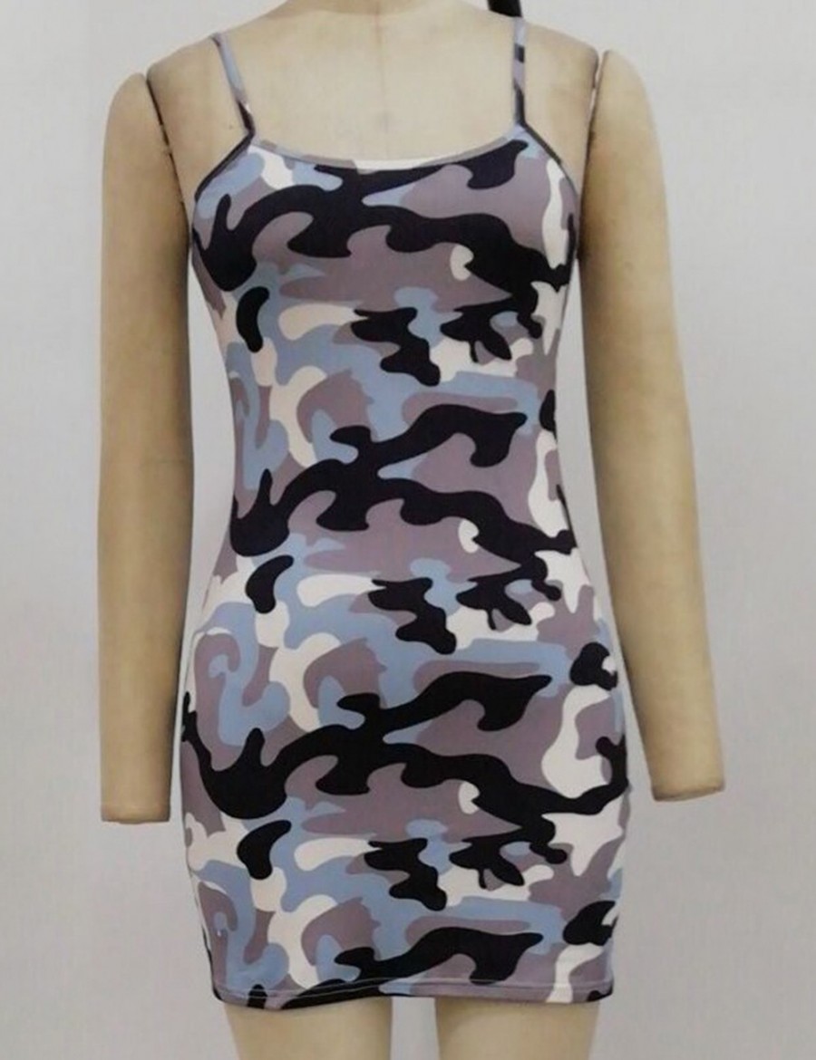 Versatile Fit Green Slender Strap Square Neck Camouflage Bodycon Dress Ideal Choice
