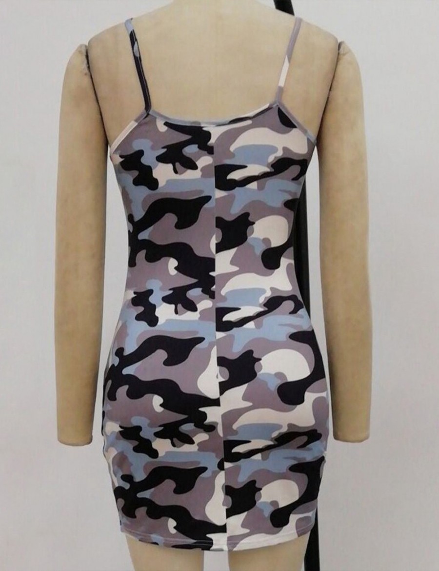 Versatile Fit Green Slender Strap Square Neck Camouflage Bodycon Dress Ideal Choice