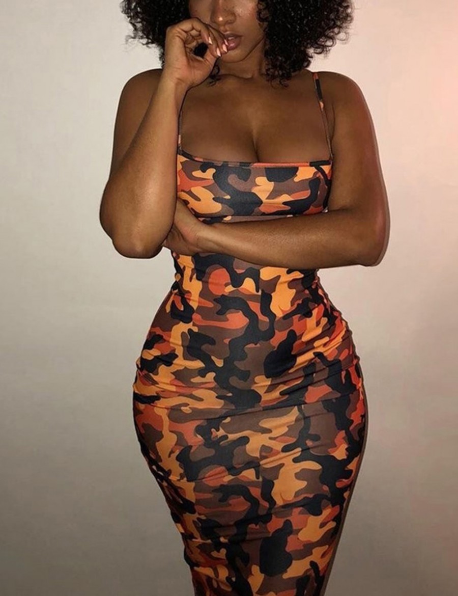 Loose Fitting Camouflage Print Yellow Sling Bodycon Dress Square Collar