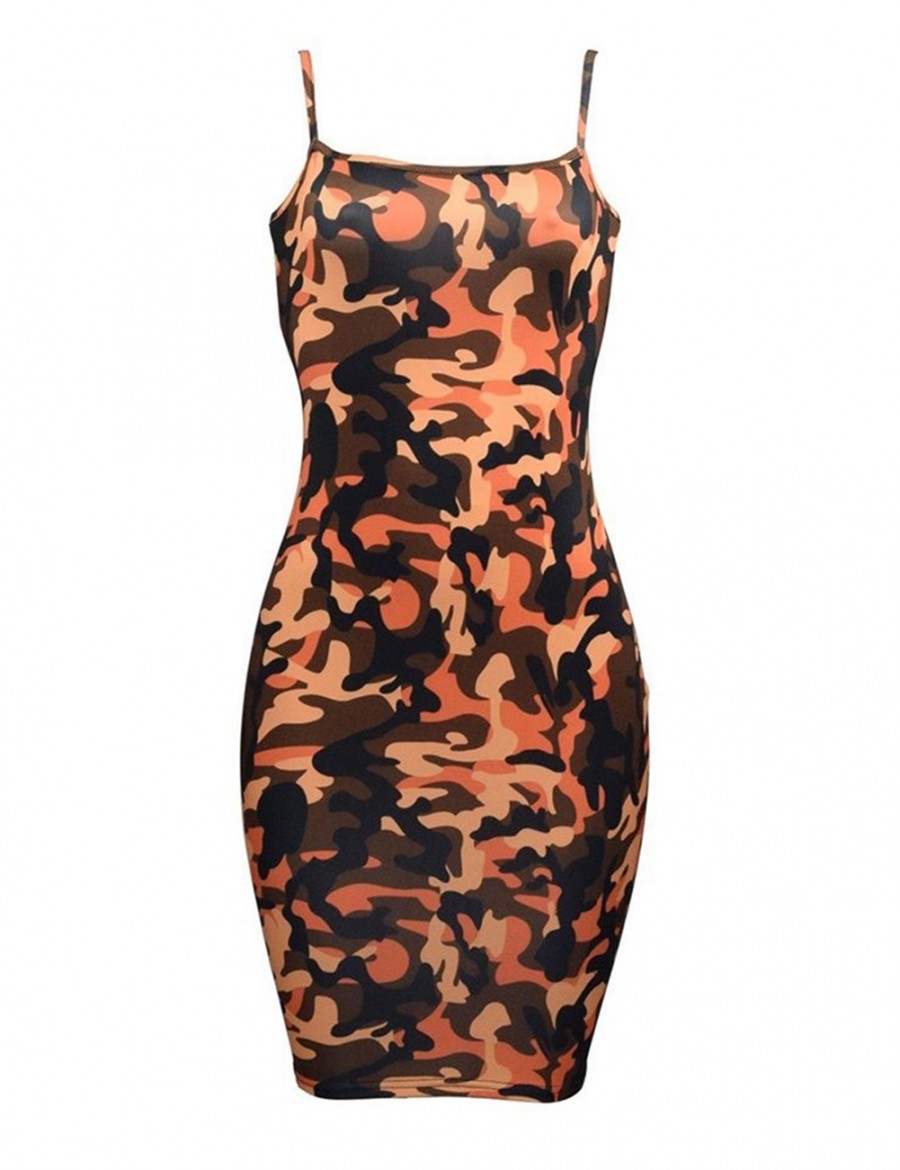 Loose Fitting Camouflage Print Yellow Sling Bodycon Dress Square Collar