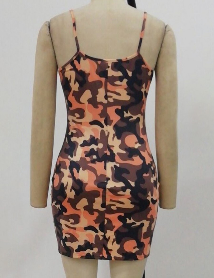 Loose Fitting Camouflage Print Yellow Sling Bodycon Dress Square Collar