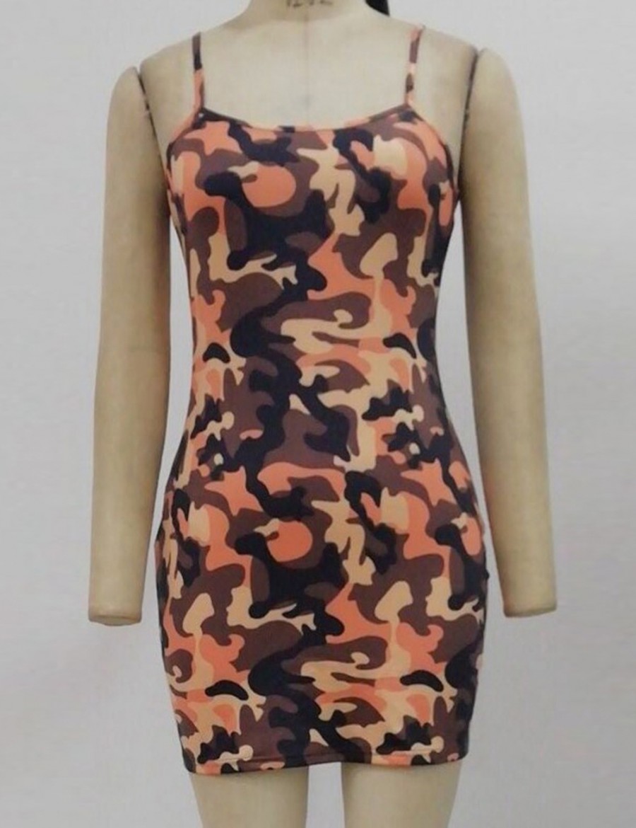 Loose Fitting Camouflage Print Yellow Sling Bodycon Dress Square Collar