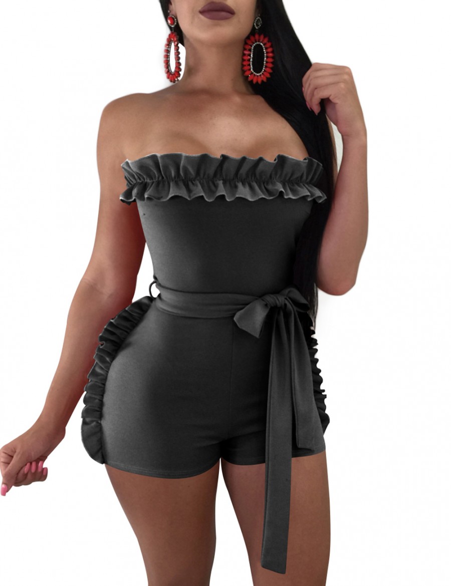 Supper Fashion Black Ruffles Short Length Tight Jumpsuit