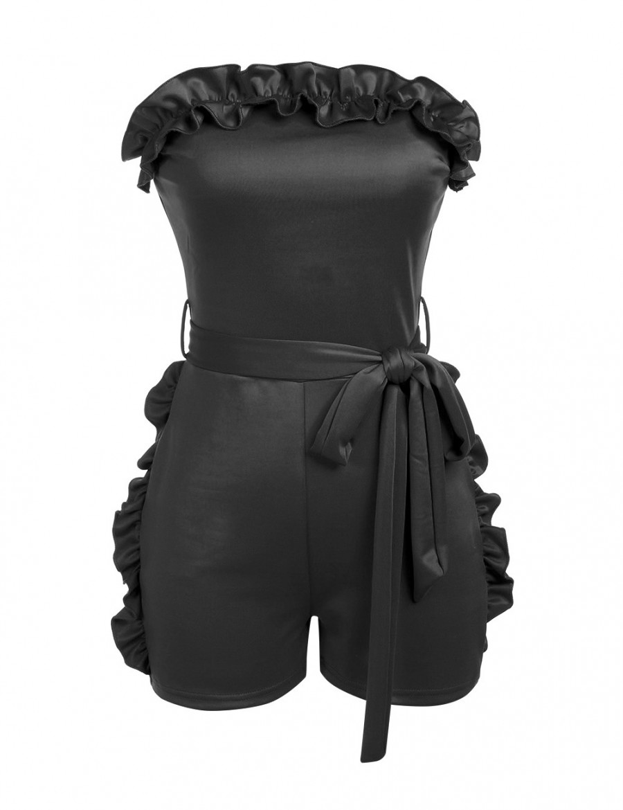 Supper Fashion Black Ruffles Short Length Tight Jumpsuit