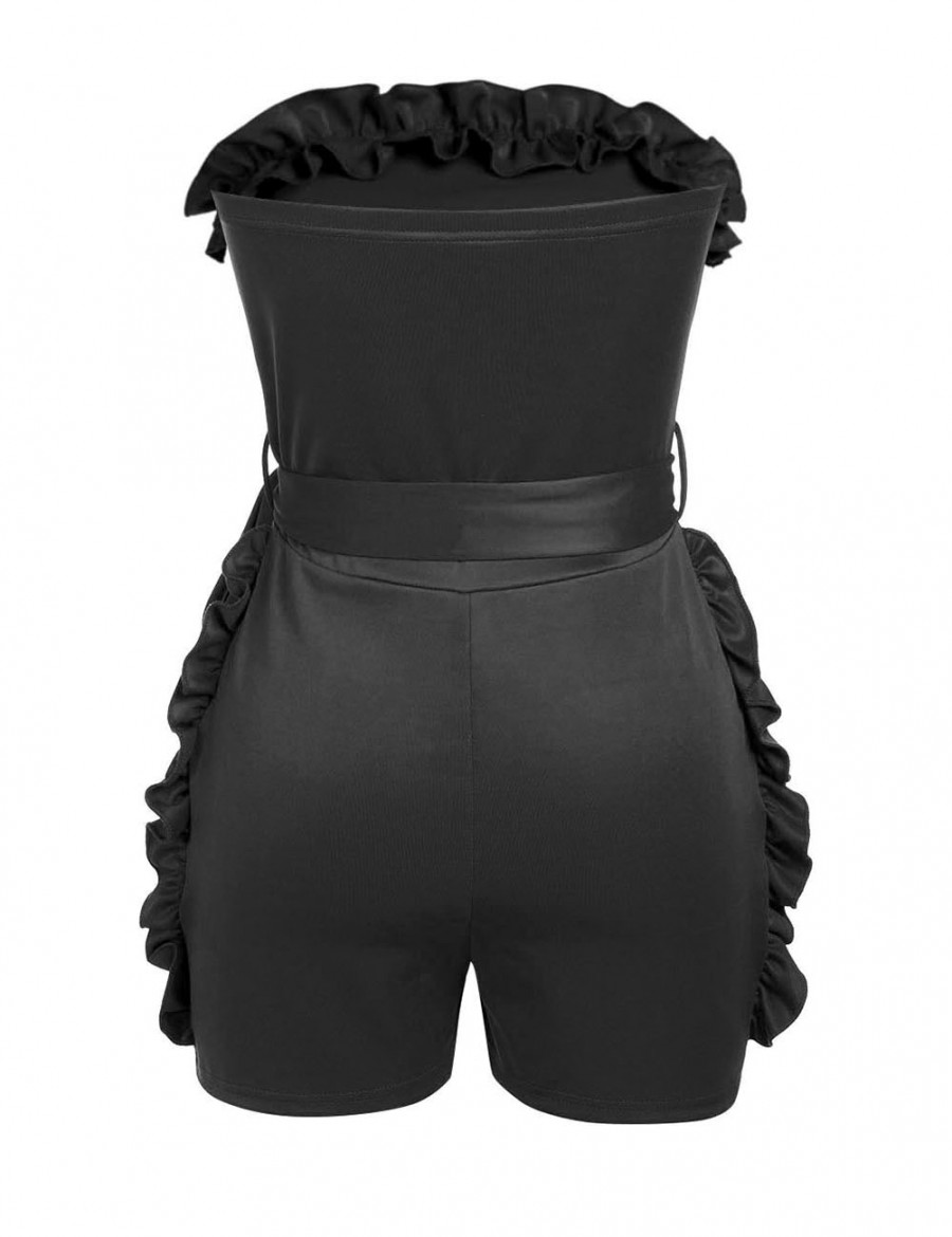 Supper Fashion Black Ruffles Short Length Tight Jumpsuit