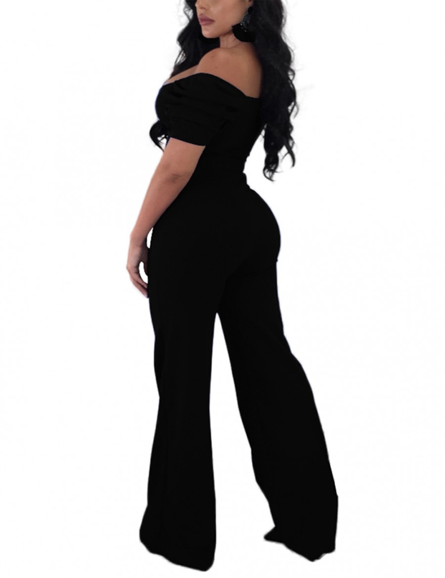 Off Shoulder Black Jumpsuits Wide Legs Waist Tie High Elasticity