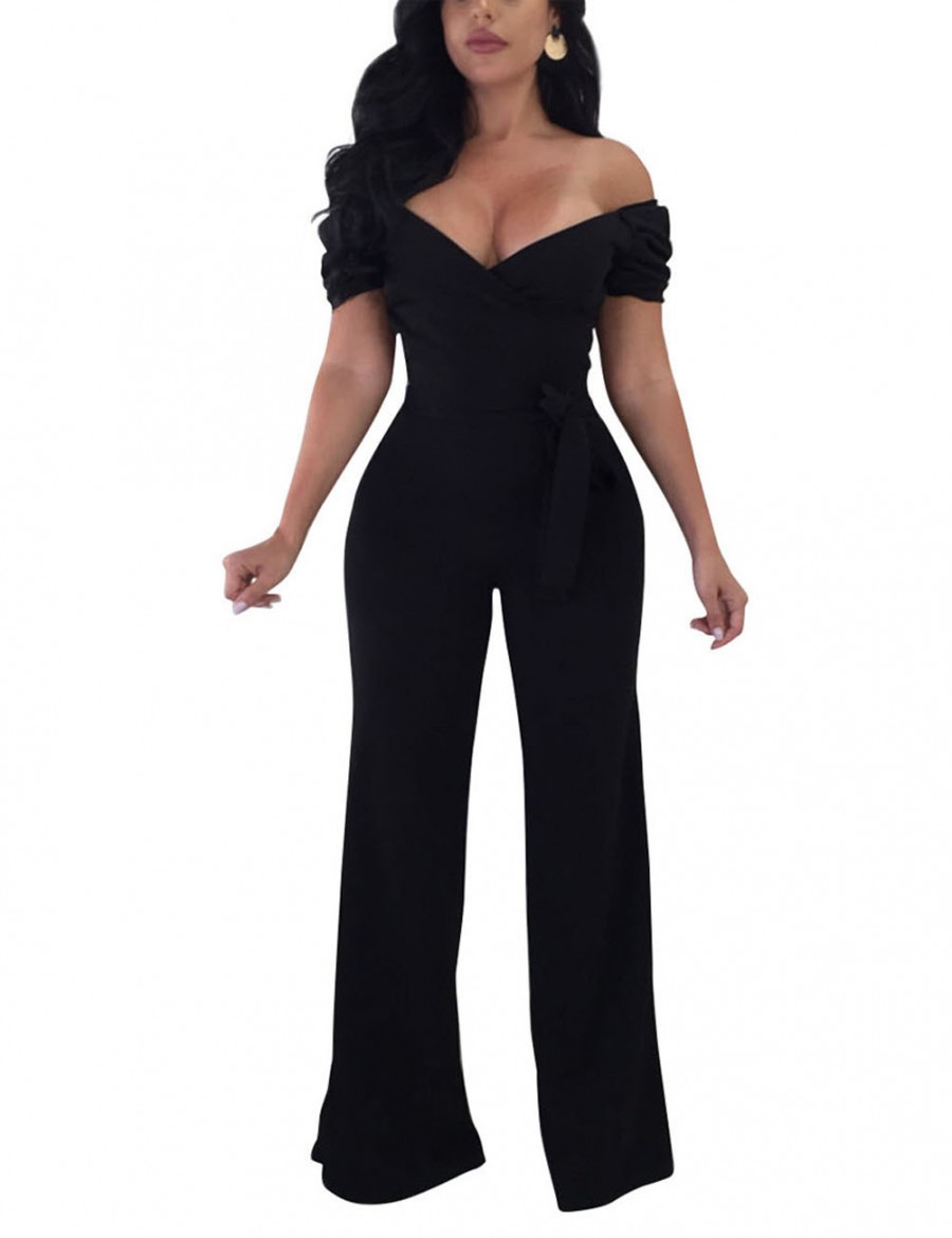 Off Shoulder Black Jumpsuits Wide Legs Waist Tie High Elasticity