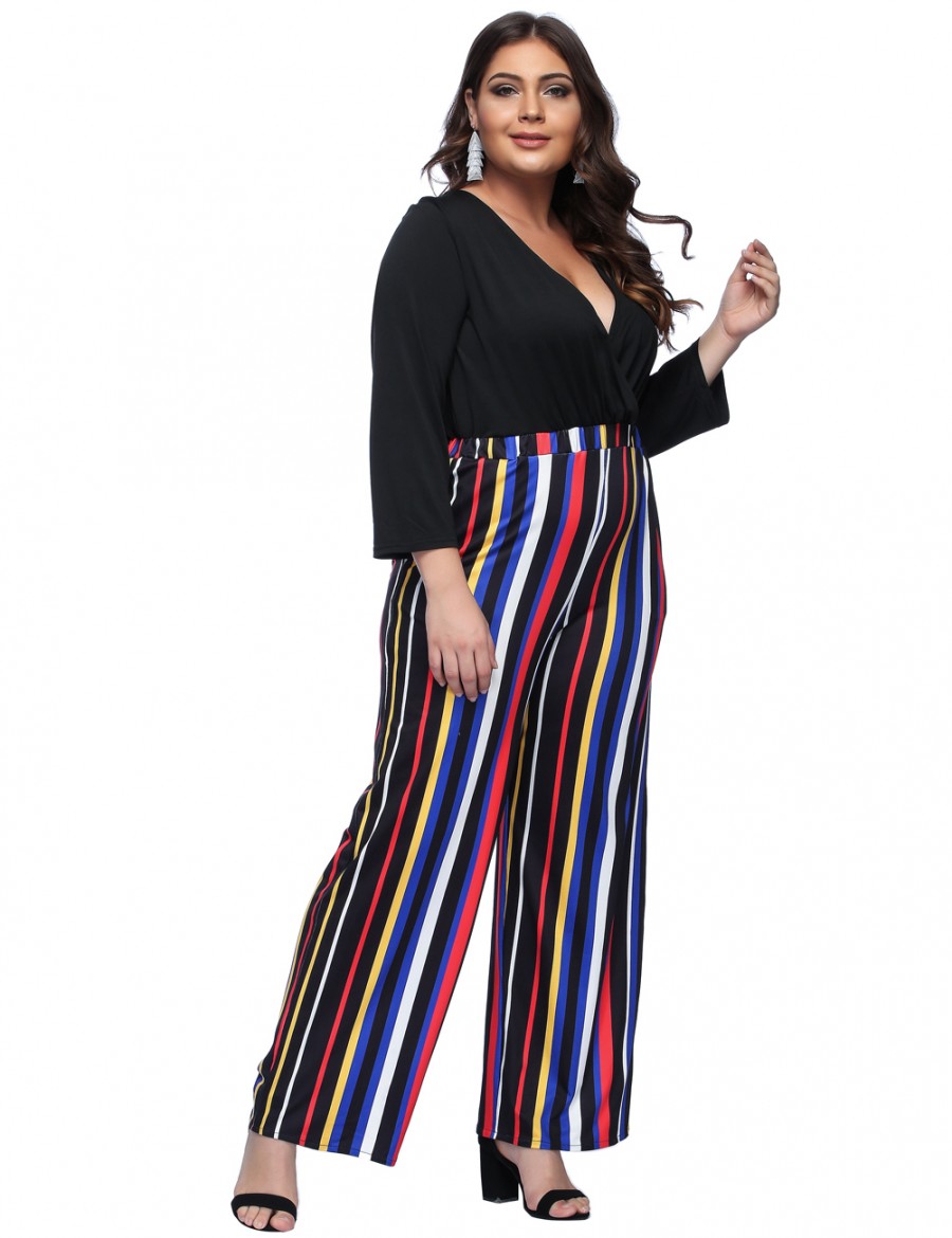 Black V Neck Striped Patchwork Jumpsuits Plus Size For Sexy Women