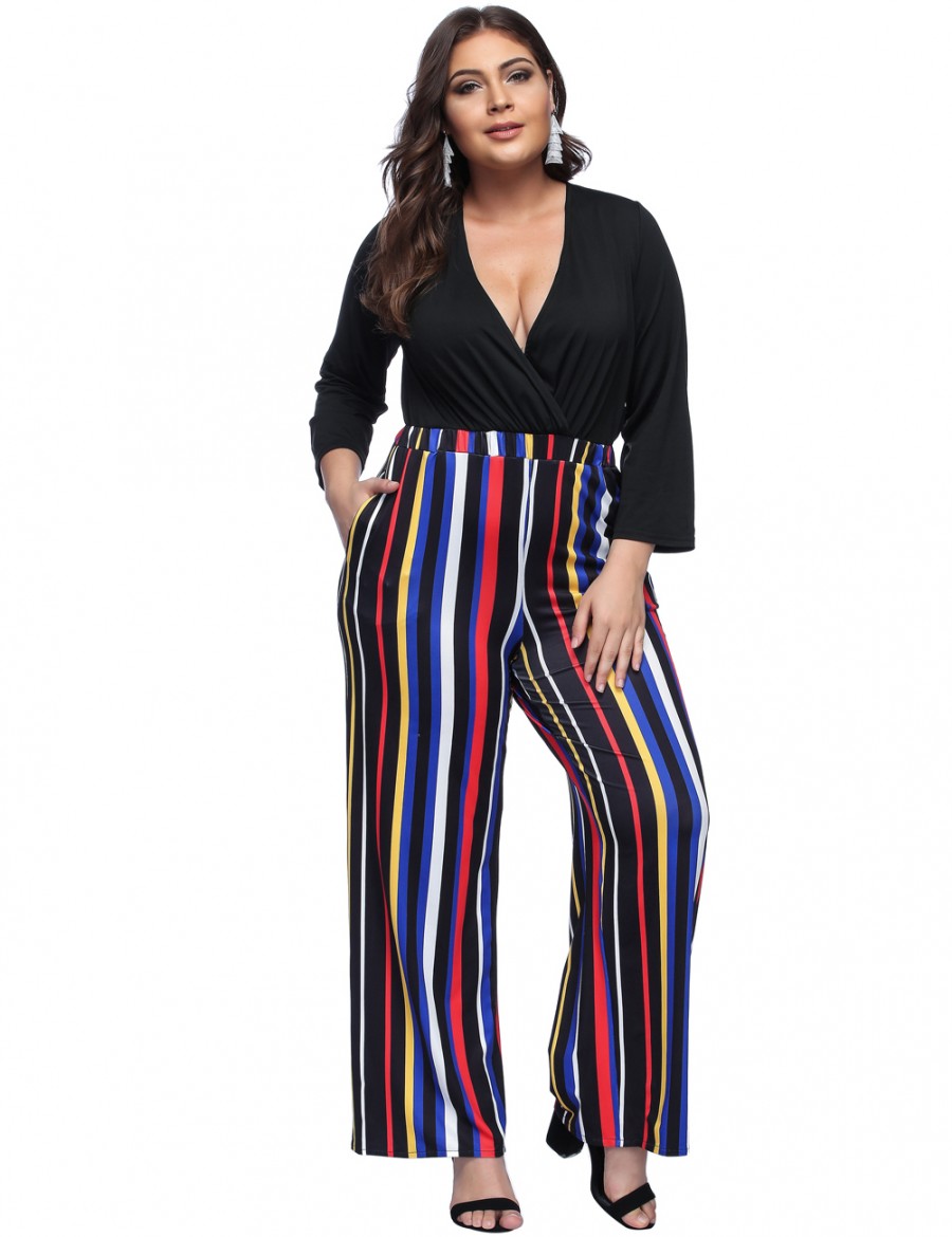 Black V Neck Striped Patchwork Jumpsuits Plus Size For Sexy Women