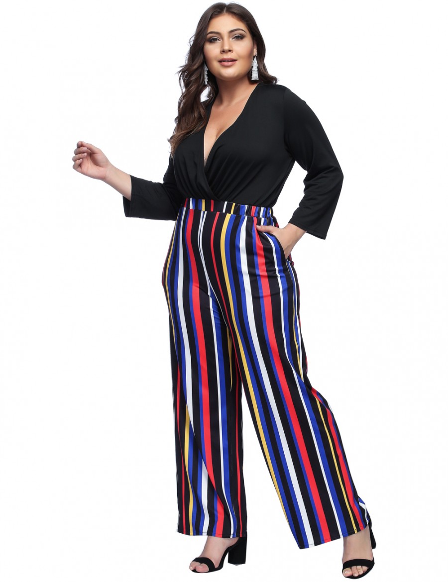 Black V Neck Striped Patchwork Jumpsuits Plus Size For Sexy Women