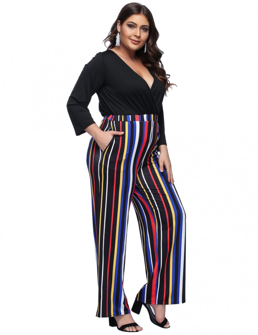Black V Neck Striped Patchwork Jumpsuits Plus Size For Sexy Women