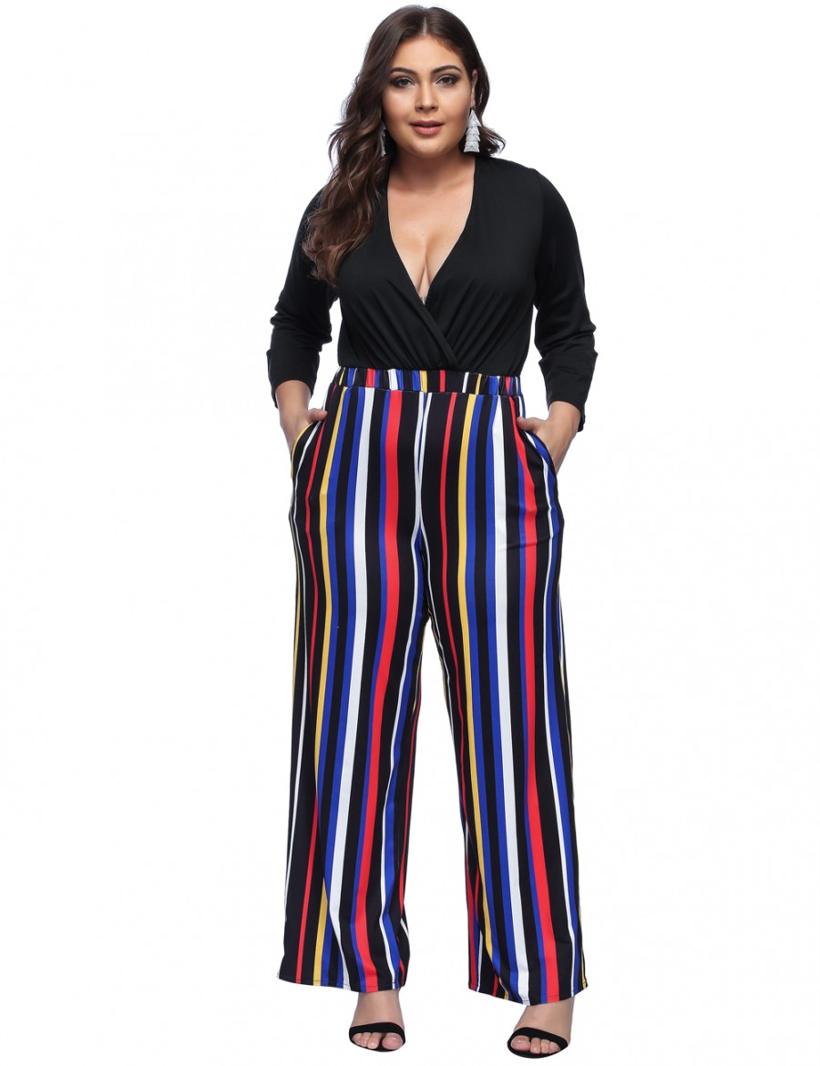 Black V Neck Striped Patchwork Jumpsuits Plus Size For Sexy Women