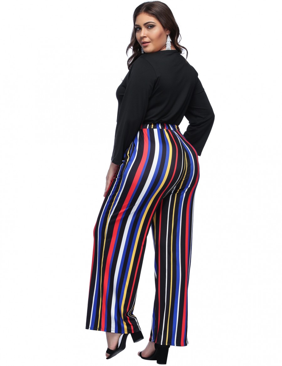 Black V Neck Striped Patchwork Jumpsuits Plus Size For Sexy Women