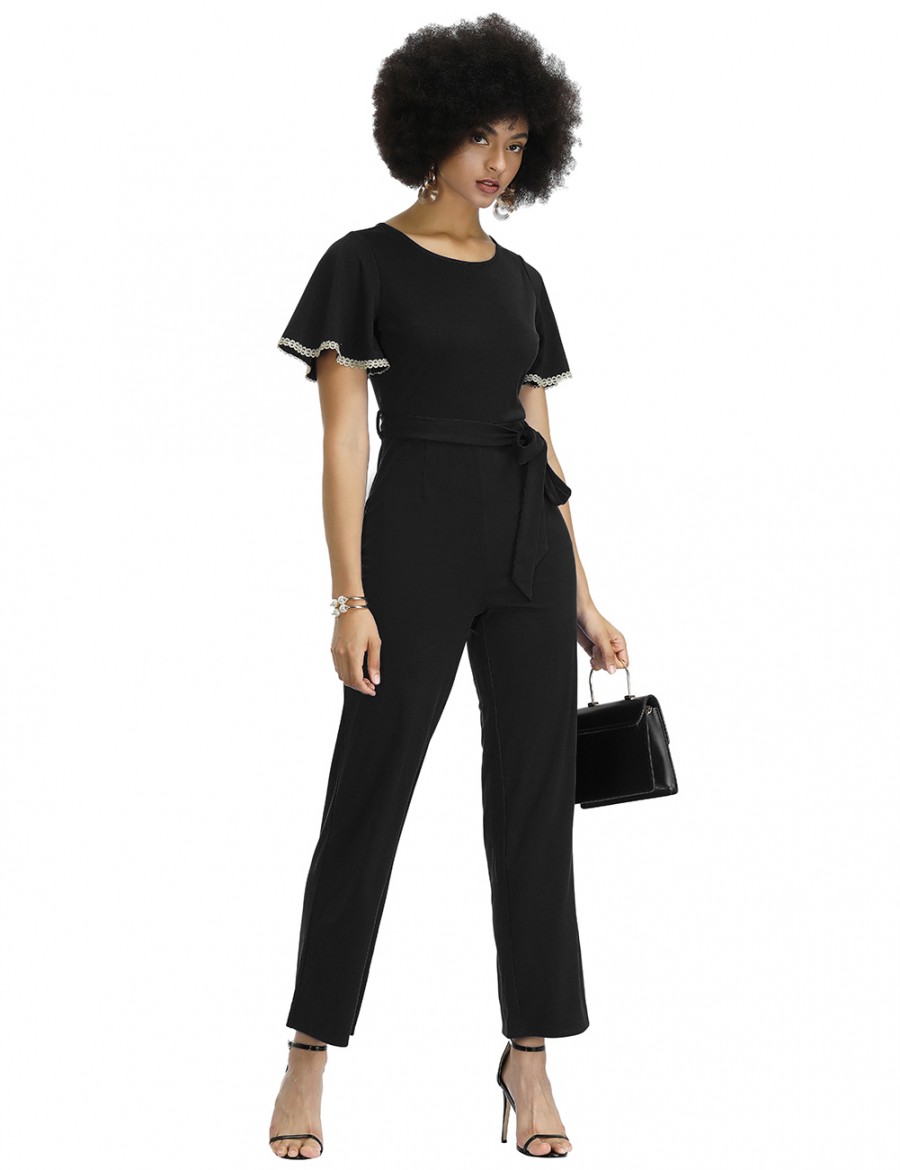 Noble Black Round Collar Waist Belt Plain Jumpsuit Shop Online