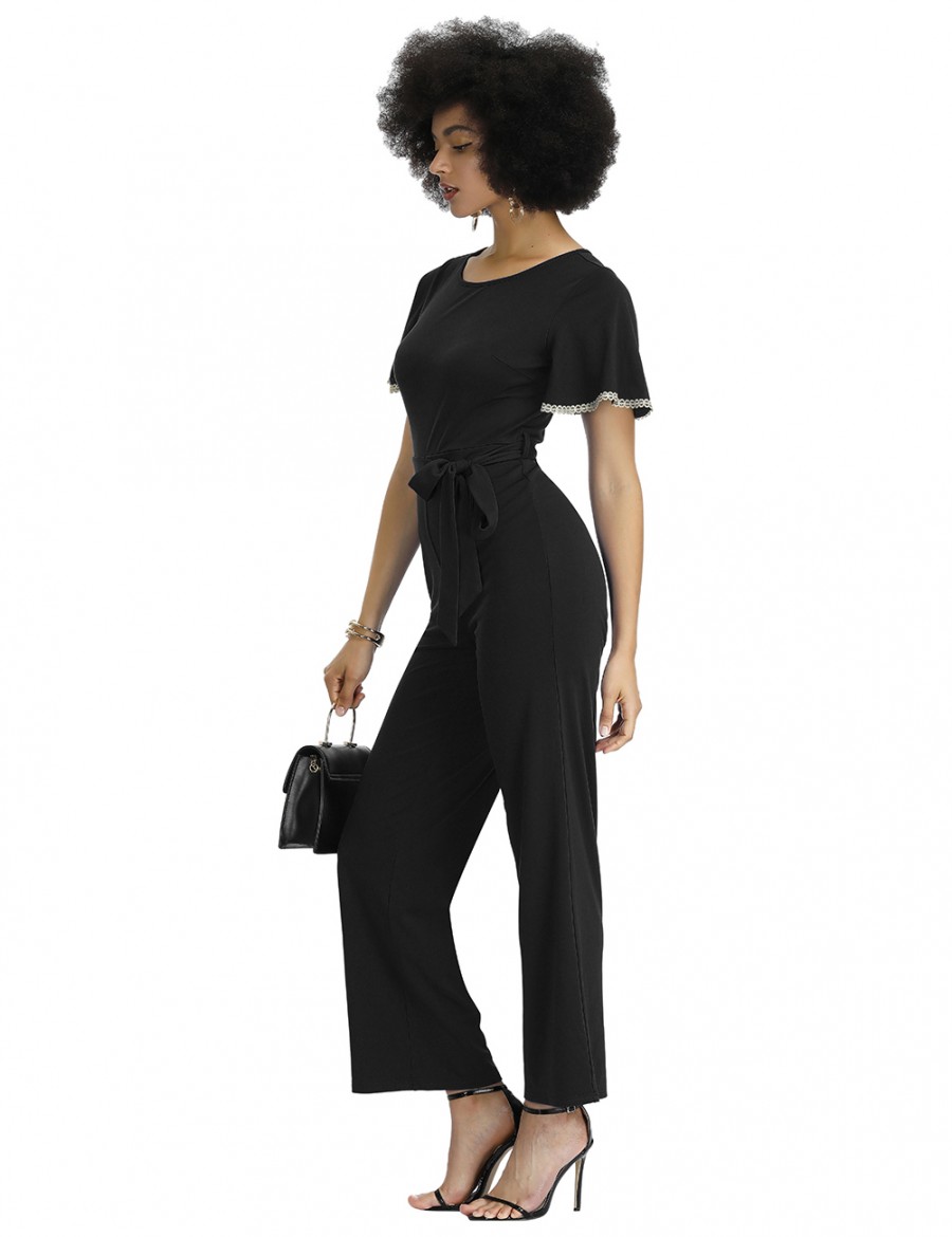 Noble Black Round Collar Waist Belt Plain Jumpsuit Shop Online