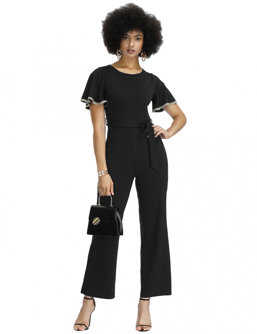 Noble Black Round Collar Waist Belt Plain Jumpsuit Shop Online