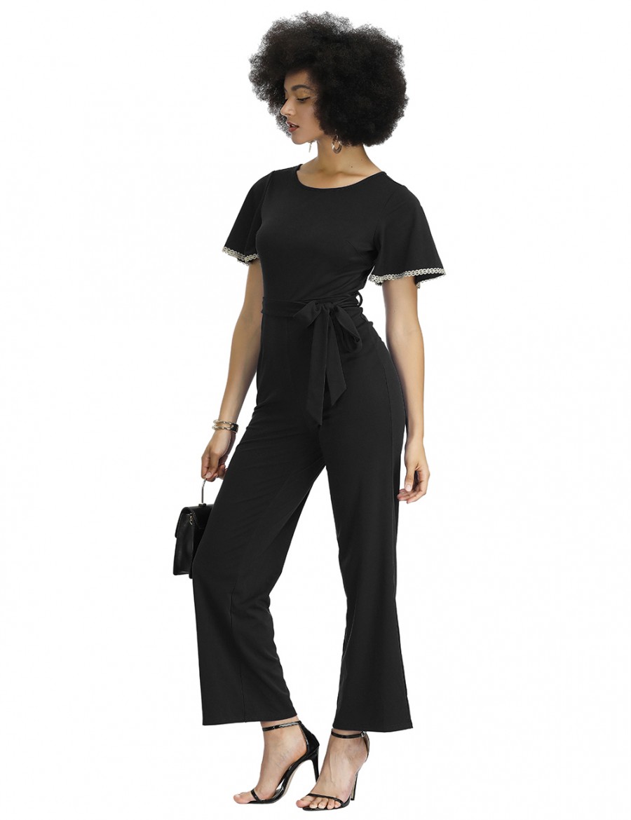 Noble Black Round Collar Waist Belt Plain Jumpsuit Shop Online